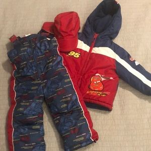 Lightning McQueen snow bibs, coat and matching hat